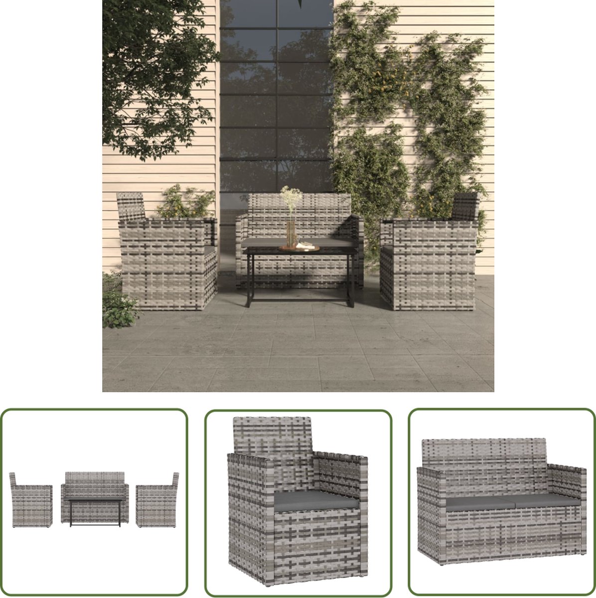 Grijze poly rattan loungeset met kussens voor buiten - The Living Store.