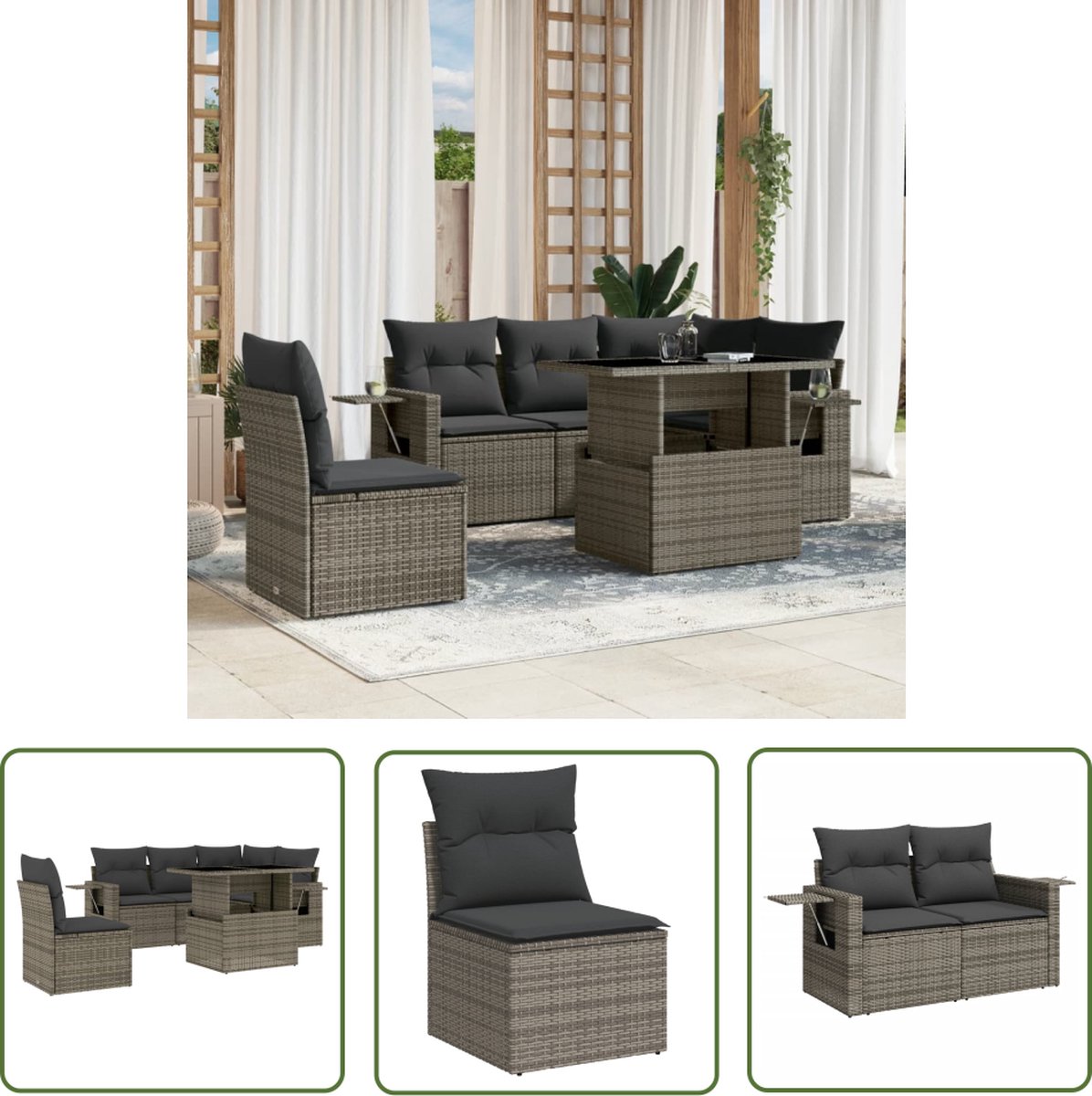The Living Store 6-delige Loungeset met kussens poly rattan grijs - Loungeset - Setbank - Buitendecoratie - Tuinmeubelen - Loungehoek