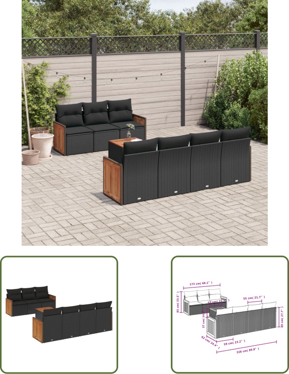 The Living Store 8-delige Loungeset met kussens poly rattan zwart - Tuin Lounge Set - Loungebank - Buitenkamer - Buitendining - Garden Furniture