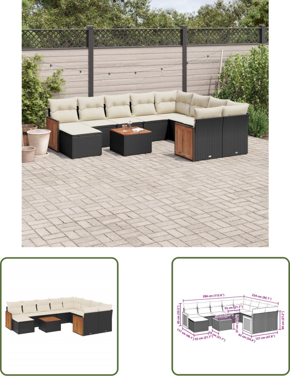 The Living Store 11-delige Loungeset met kussens poly rattan zwart - Loungeset - Tuinmeubels - Lounge Set - PE-rattan - Outdoor Furniture