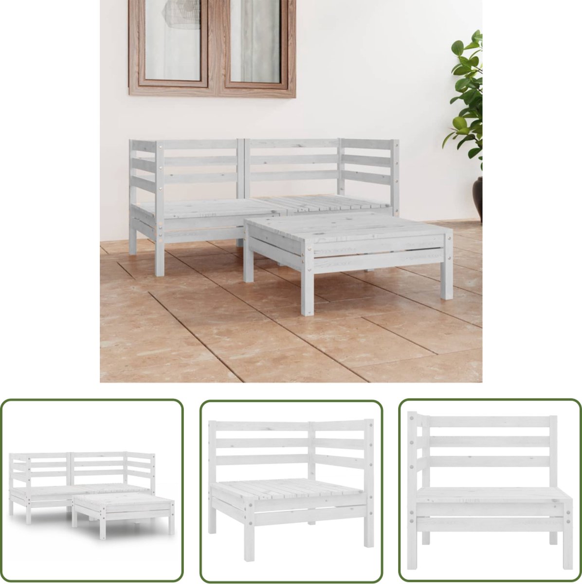 The Living Store 3-delige Loungeset massief grenenhout wit - Tuinlounge - Lounge Set - Hoeksofa - Buitentijdbank - Houten Bank
