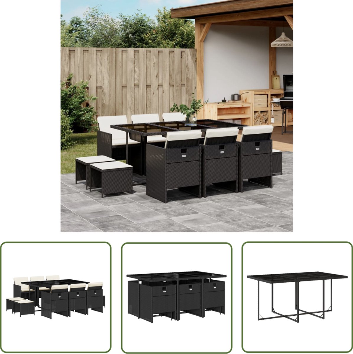 The Living Store 11-delige Tuinset met kussens poly rattan zwart - Tuinset - Buitenmeubel - Lounge Set - Eetkamerset - Patio Set