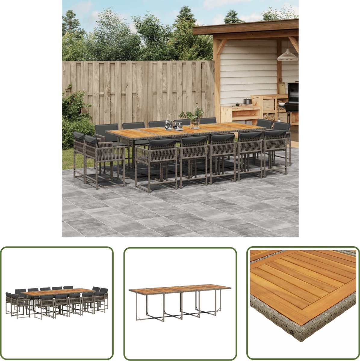 The Living Store 15-delige Tuinset met kussens poly rattan grijs - Tuinset - Buitendecor - Lounge Set - Eetkamerset - Pe Rattan