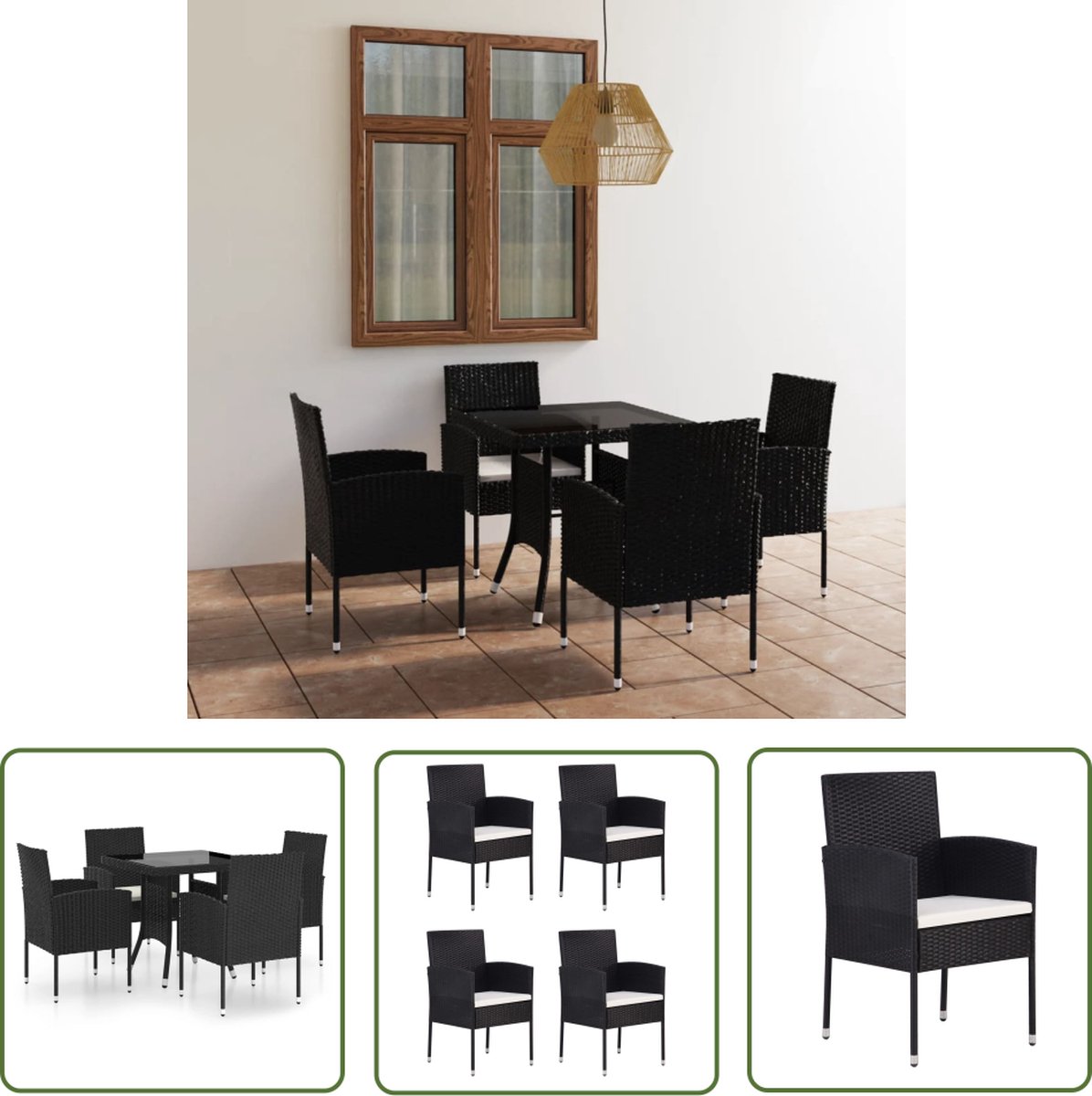 The Living Store 5-delige Tuinset poly rattan zwart - Tuinstoel - Tuintafel - Lounge Set - Buitenshuis Meubilair - Poly Rattan