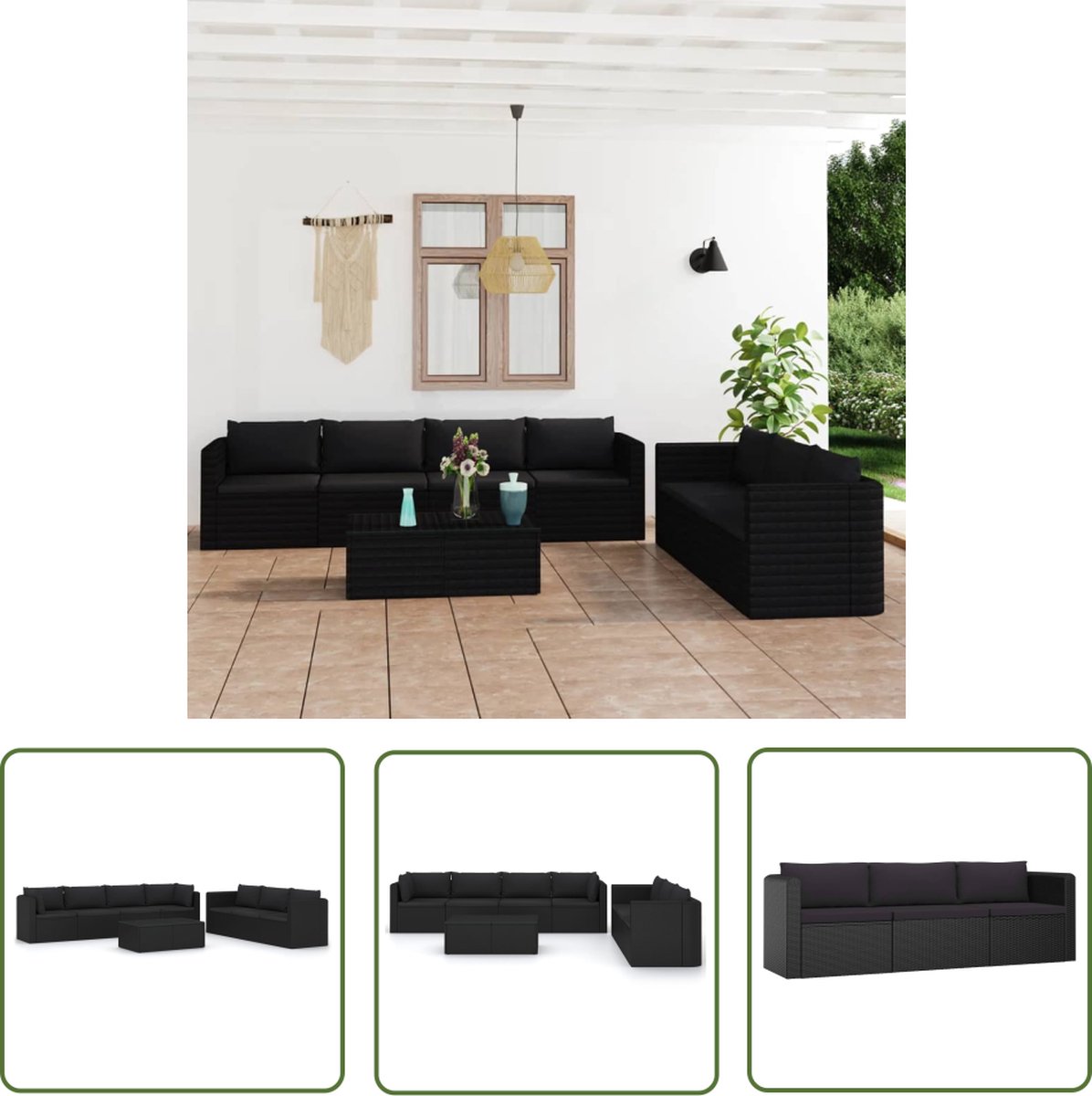 The Living Store 8-delige Loungeset met kussens poly rattan zwart - Loungeset - Tuinset - Buitenspeelgoed - Garden Furniture - Patioset