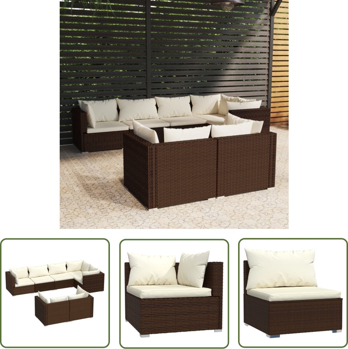 The Living Store 7-delige Loungeset met kussens poly rattan bruin - Loungeset - Lounge Set - Tuinlounge - Buisensetuintje - Outdoor Furniture