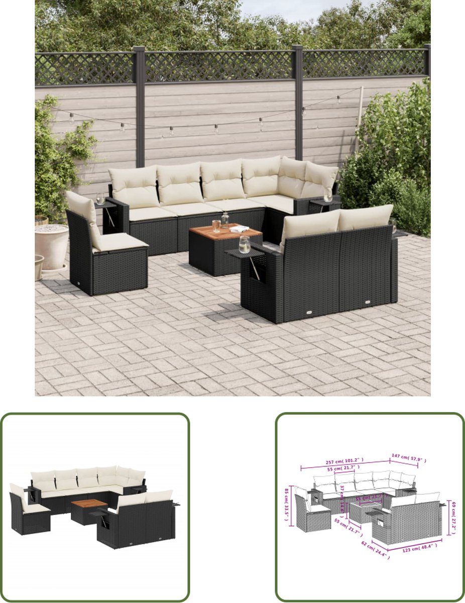 The Living Store 9-delige Loungeset met kussens poly rattan zwart - Tuinmeubles Set - Lounge Set - PE Rattan - Outdoor Furniture - Buitendecoratie