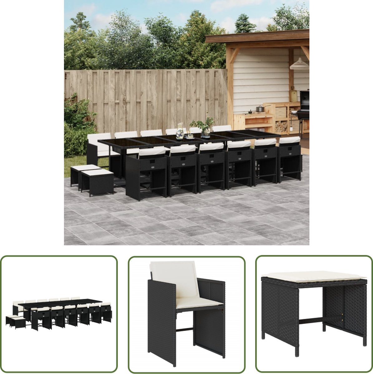 The Living Store 17-delige Tuinset met kussens poly rattan zwart - Tuinset - Buitendecoratie - Eetkamer Set - Lounge Set - Patio Furniture