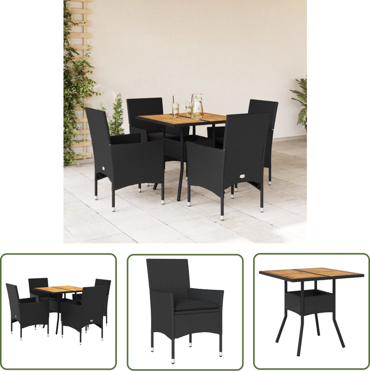Zwart poly rattan loungeset met acaciahouten accenten en kussens.
