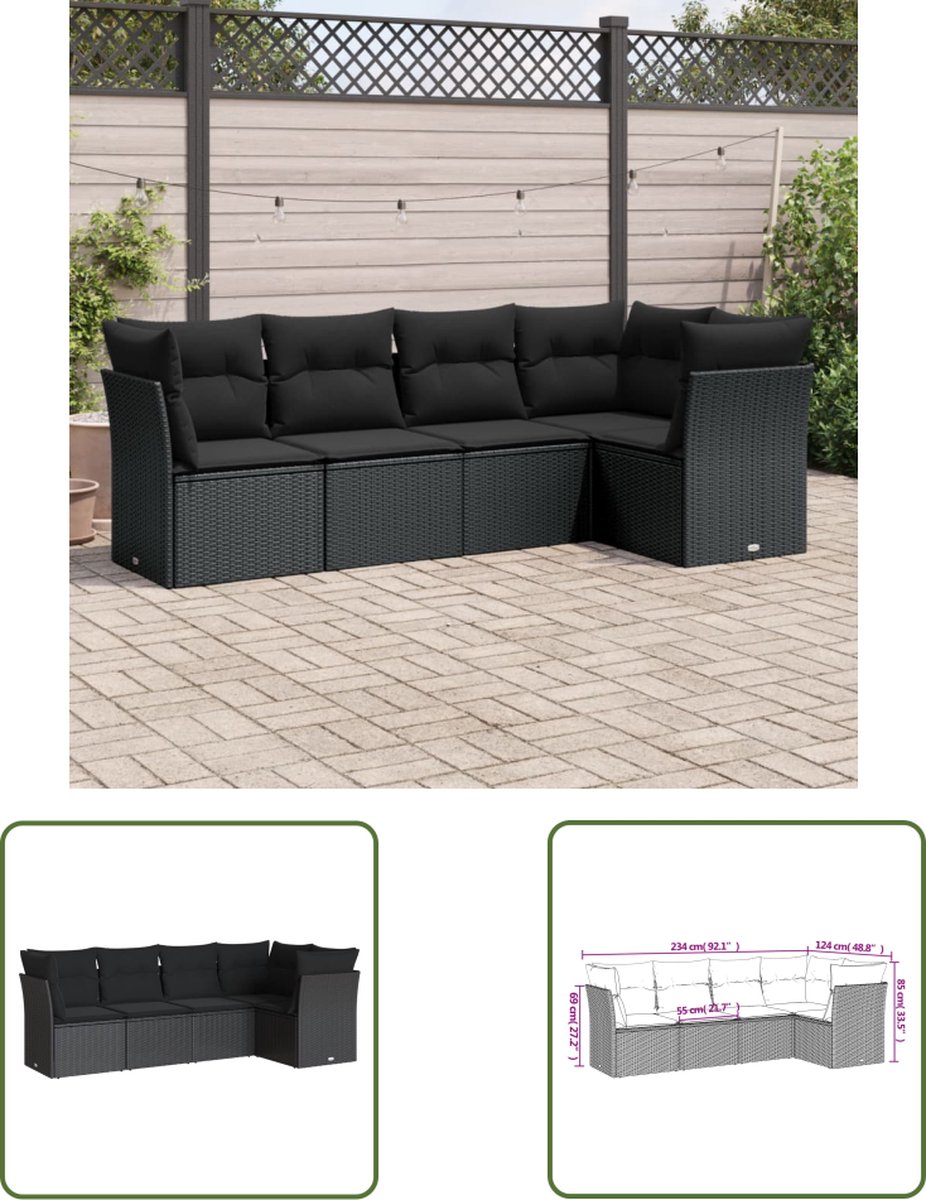 The Living Store 5-delige Loungeset met kussens poly rattan zwart - Loungebank - Lounge Set - Tuinset - Buitendecoratie - Outdoor Furniture
