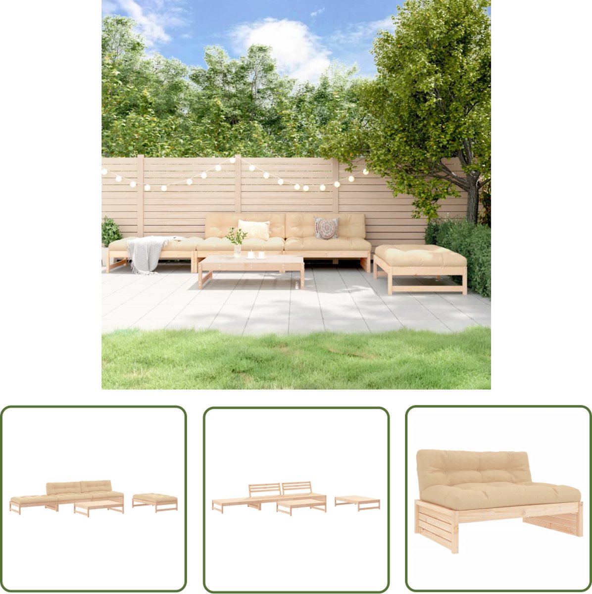 Loungeset van massief grenenhout met kussens voor buitenmeubilair.
