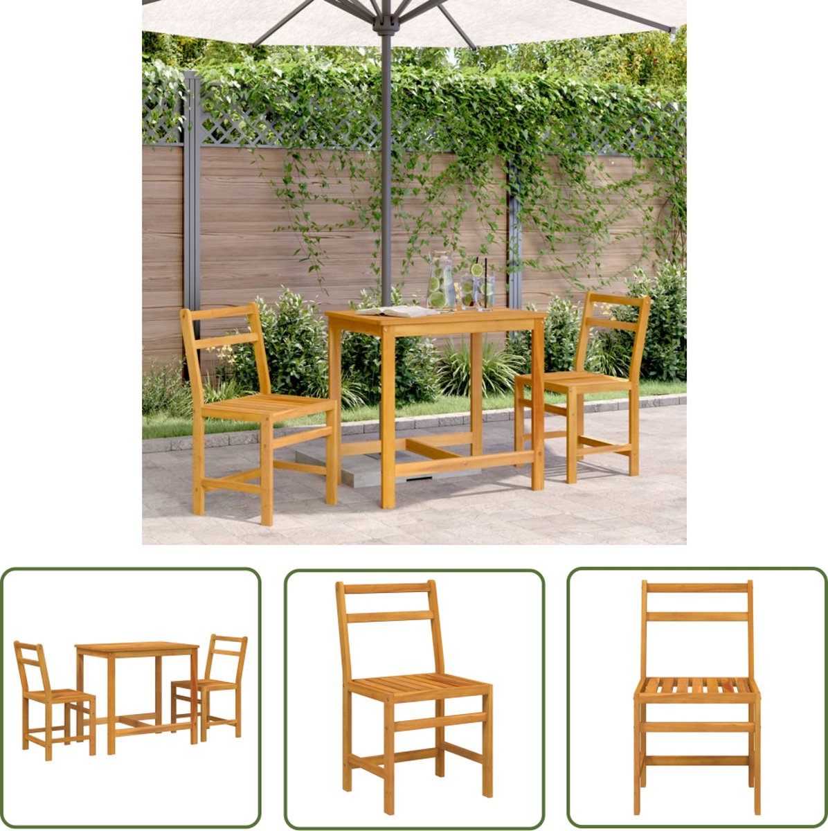 The Living Store 3-delige Balkonset massief acaciahout - Balkonset - Tuinset - Acacia Hout - Buitenmeubels - Eetkamerstoel