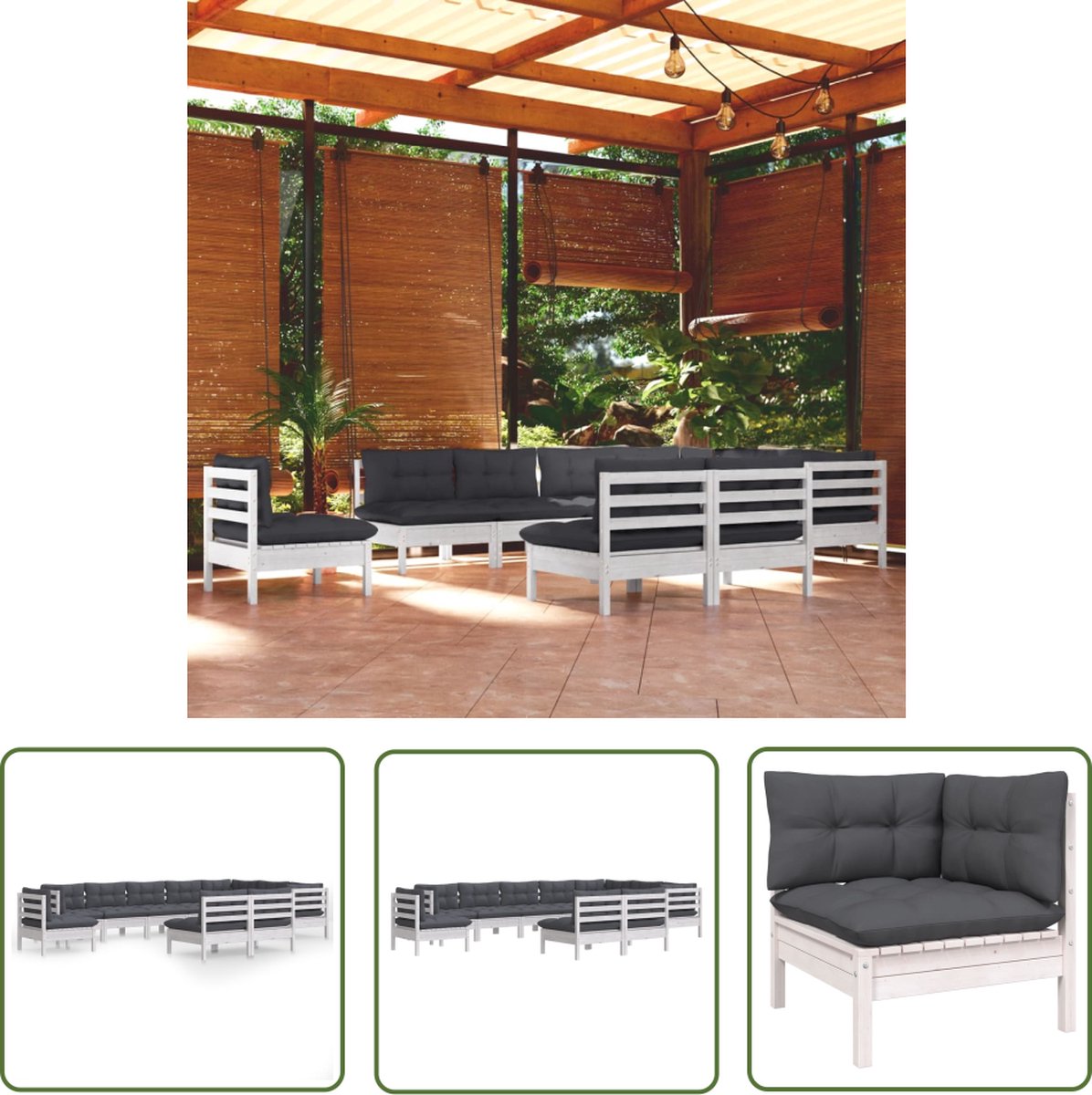 The Living Store 10-delige Loungeset met kussens massief grenenhout wit - Loungeset - Houten Lounge Set - Tuinlounge - Loungemodule - Buitendiner