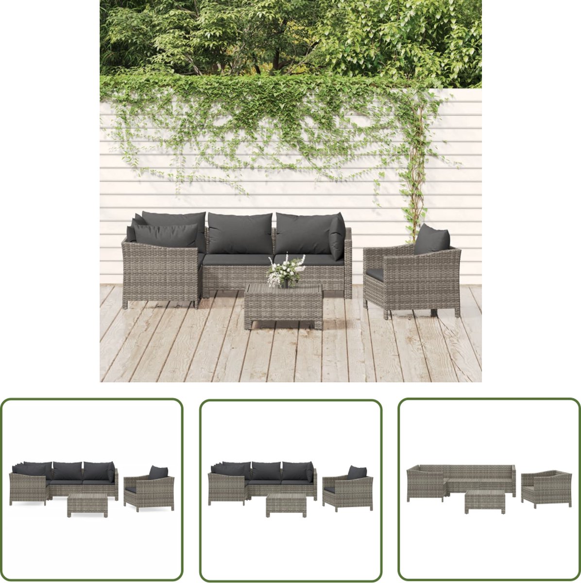 The Living Store 6-delige Loungeset met kussens poly rattan grijs - Loungeset - Tuinset - Lounge Set - Buitendecoratie - PE-rattan