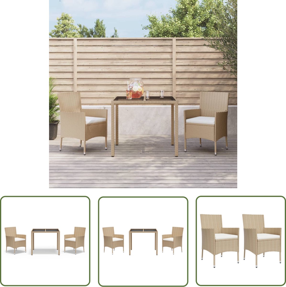 The Living Store 3-delige Tuinset met kussens poly rattan beige - Tuinset - Buitendecoratie - Lounge Set - Eetgroep - Patio Furniture