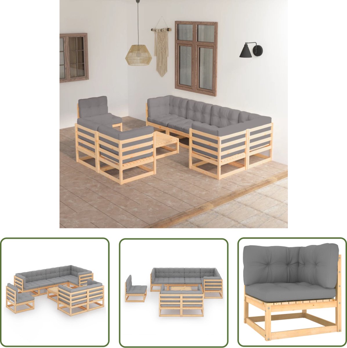 The Living Store 9-delige Loungeset met kussens massief grenenhout - Tuinset - Lounge Set - Buis Meubel - Grenenhout - Outdoor Furniture
