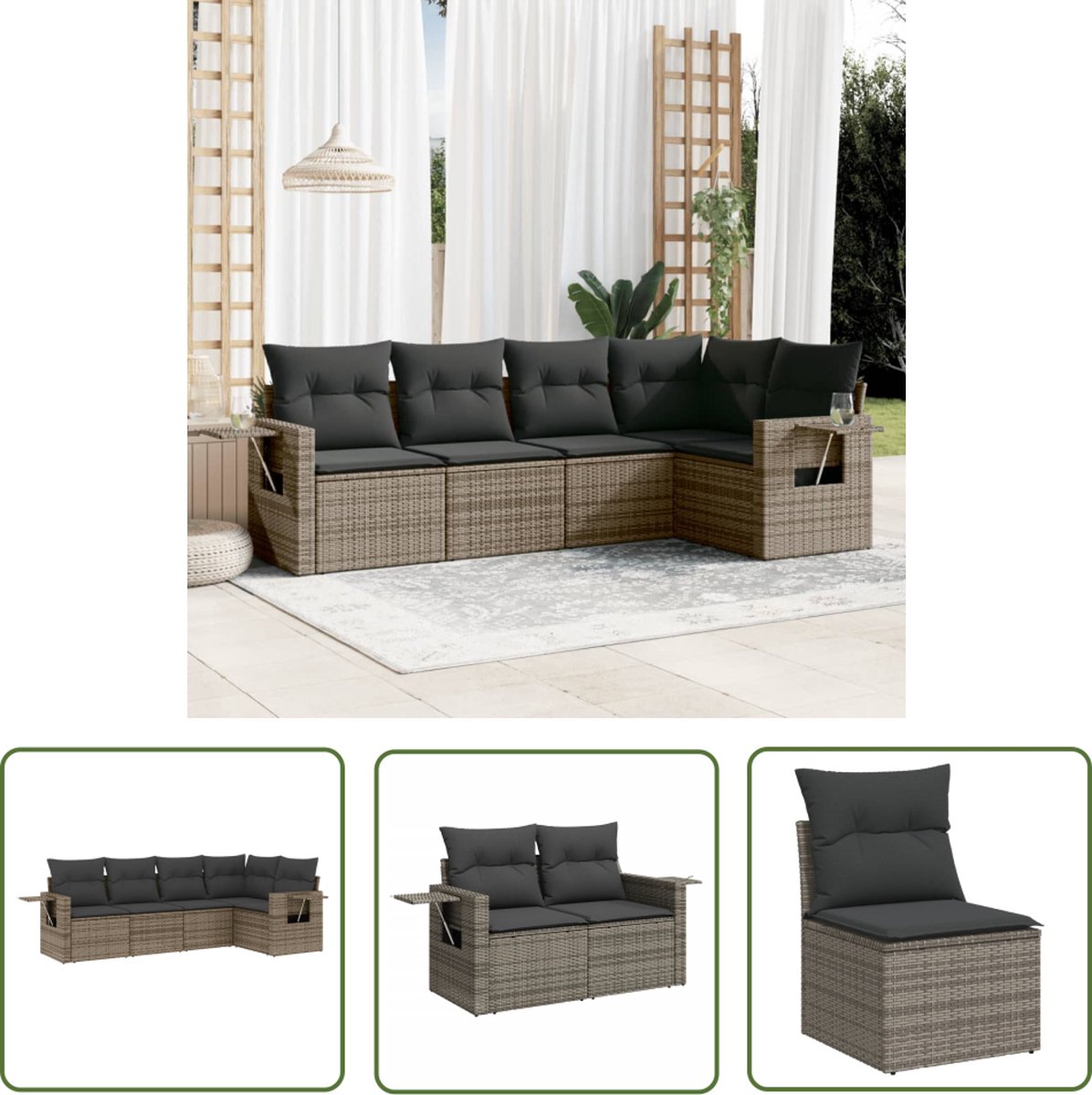 The Living Store 5-delige Loungeset met kussens poly rattan grijs - Loungeset - Tuinset - Lounge - Outdoor Furniture - Garden Furniture
