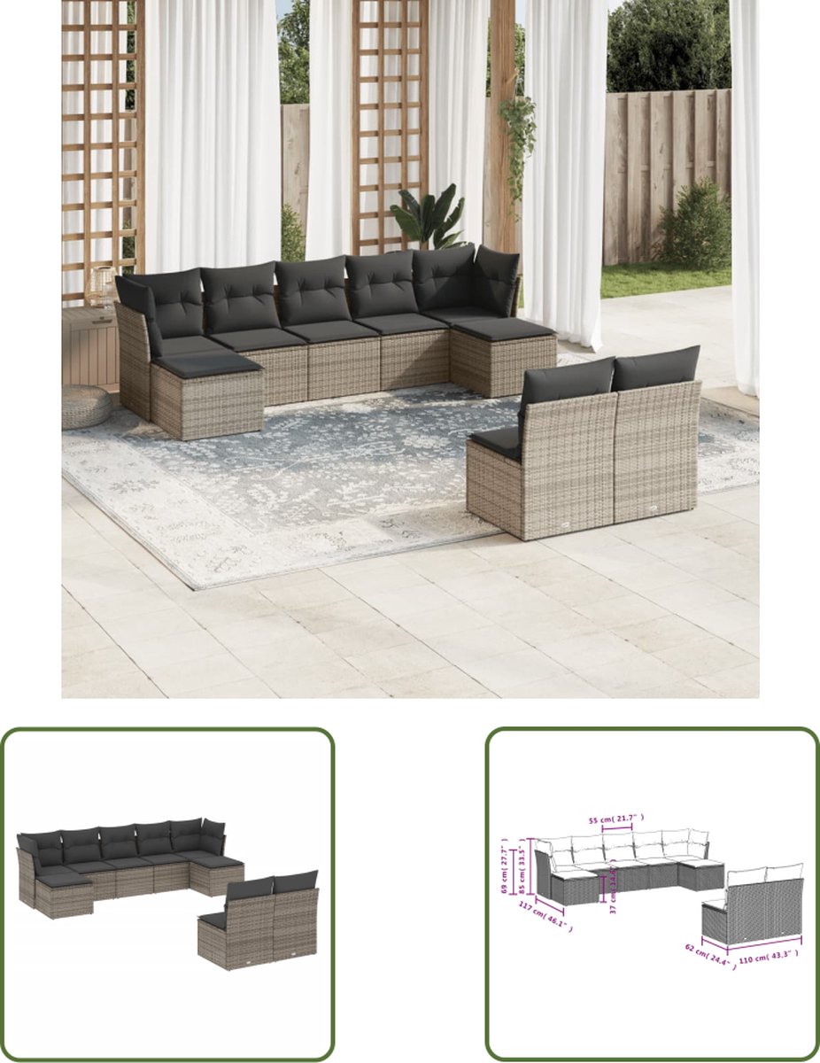 Grijze poly rattan loungeset met kussens voor buiten - The Living Store.