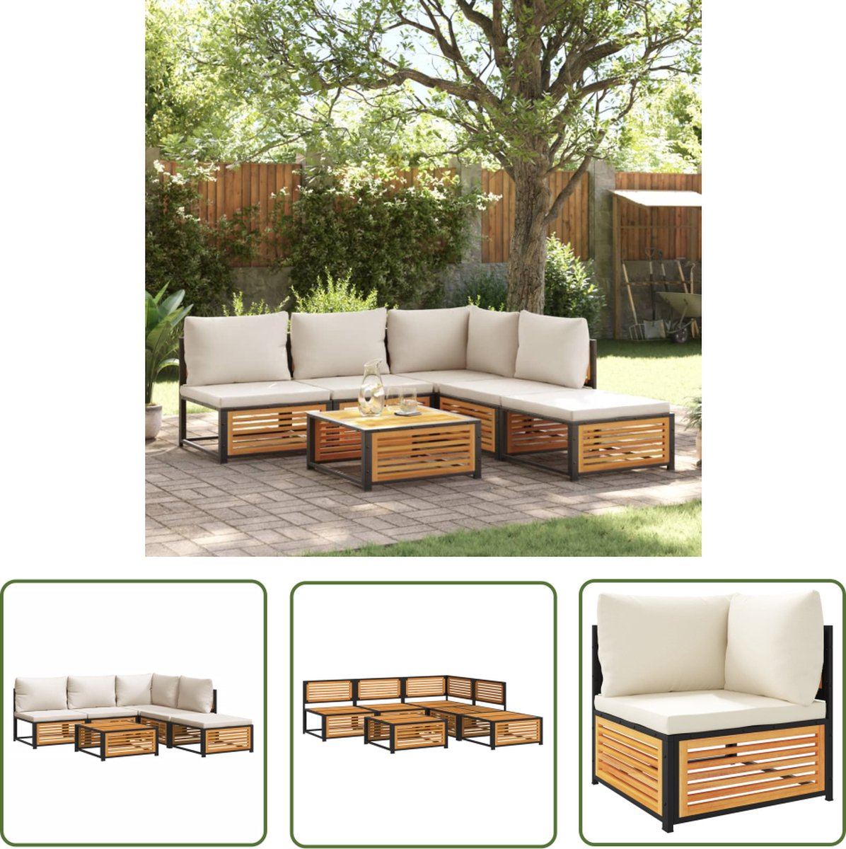 The Living Store 6-delige Loungeset met kussens massief acaciahout - Hoeken Bank - Lounge Set - Buitendecoratie - Tuinstoel - Teak Meubel