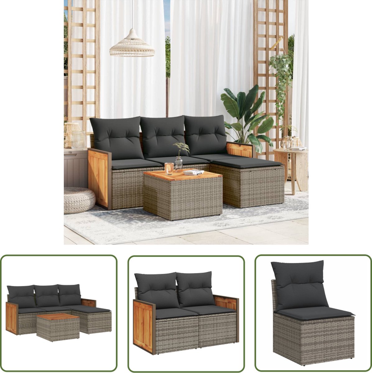 The Living Store 5-delige Loungeset met kussens poly rattan grijs - Loungeset - Lounge Set - Buitendecoratie - Tuinmeubels - Loungebank