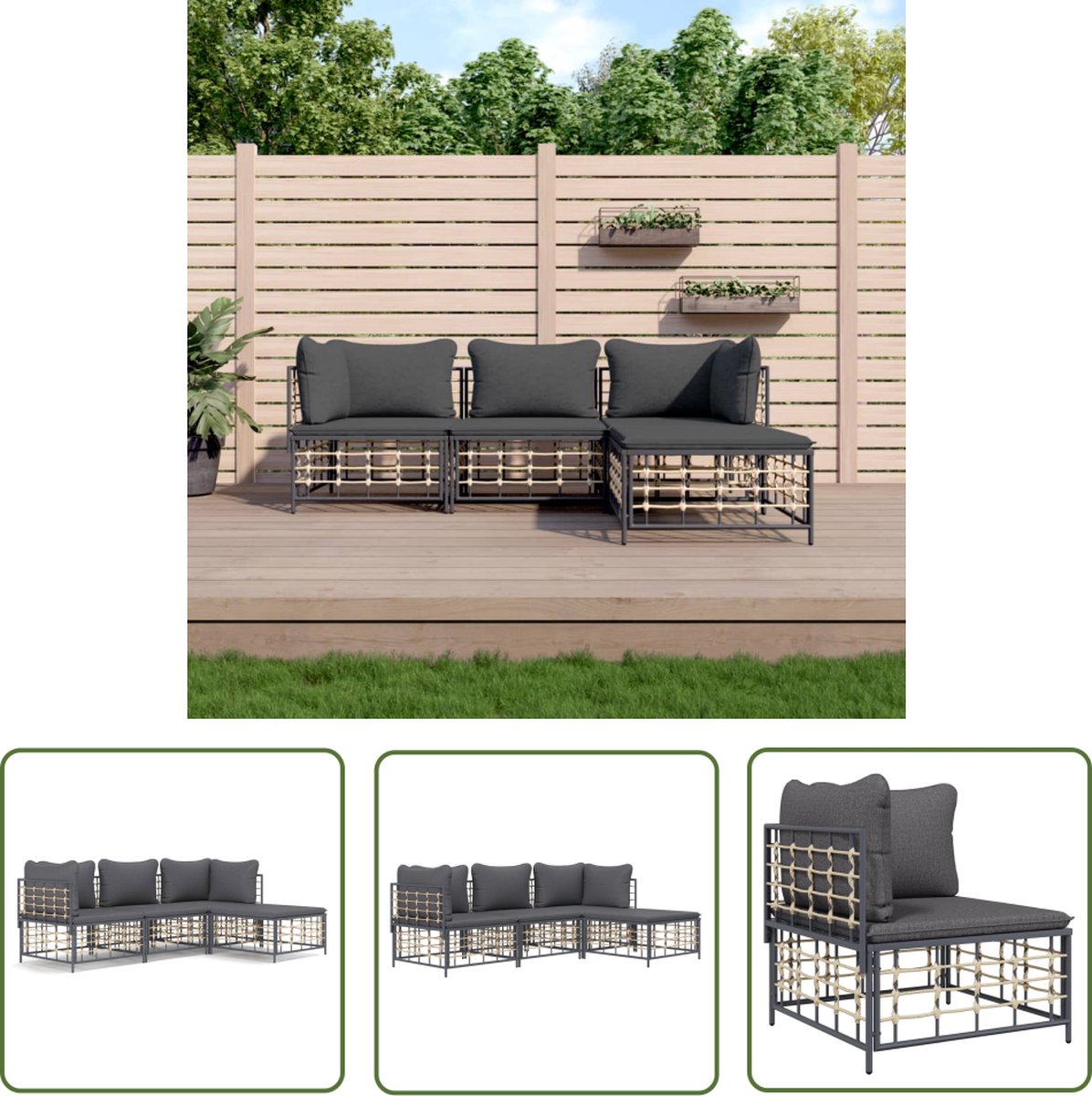 Hoekbank loungeset in antraciet poly rattan voor buiten - 72x72x66 cm.