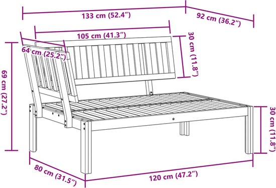 Canapé d'angle The Living Store en bois d'acacia - 133 x 92 x 69 cm - Canapé d'angle design modulable - Canapé lounge - Ensemble de jardin - Mobilier d'extérieur - Banc de jardin - Bois d'acacia - Mobilier Plein air