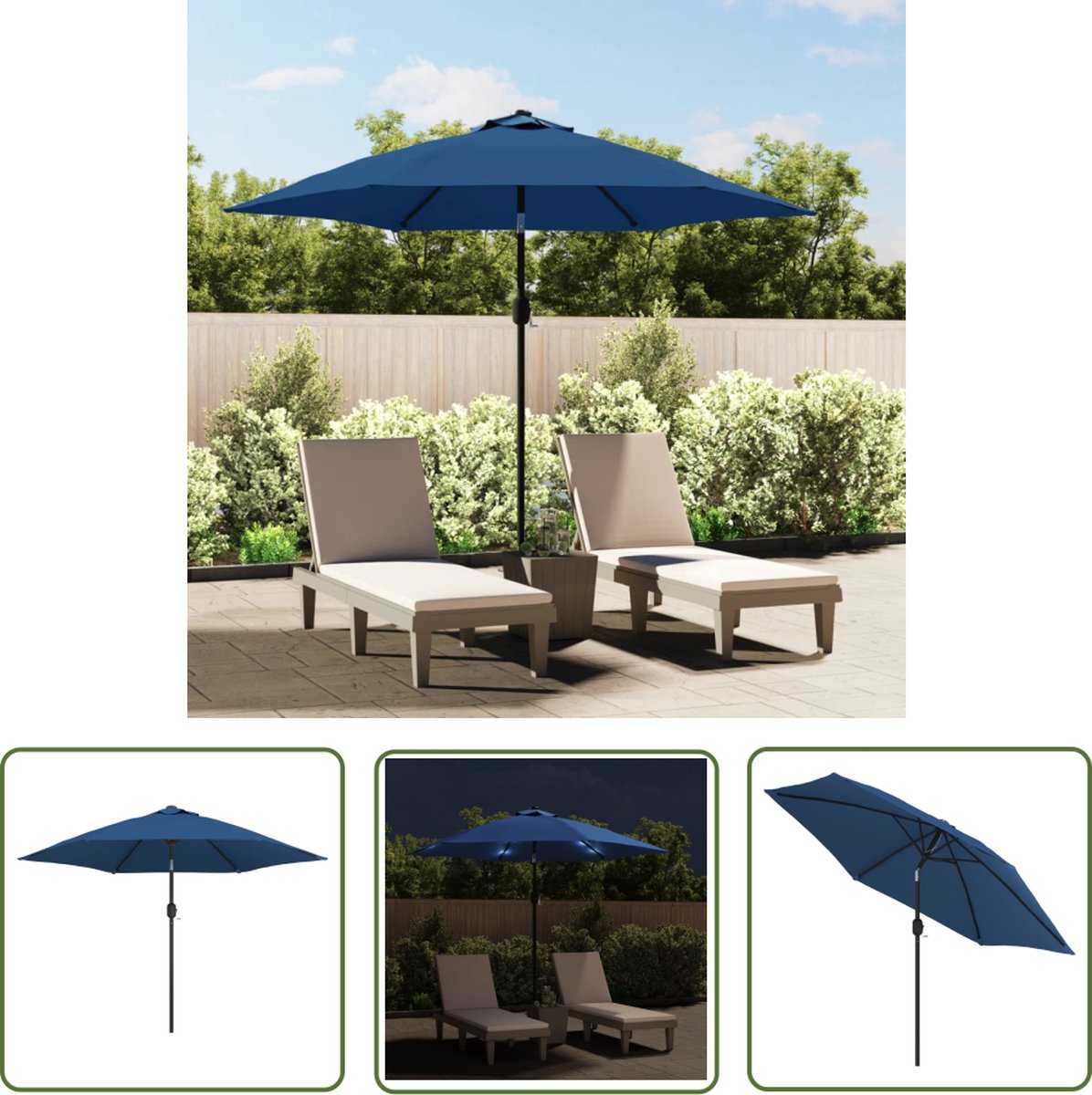 Azuurblauwe parasol van The Living Store met LED-verlichting en stalen paal, 300 cm, perfect voor buiten.
