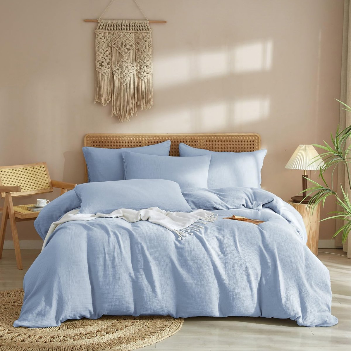 Goodivery ® Beddengoedset van Katoenen Mousseline in Lichtblauw Met Kreukeleffect en Rits