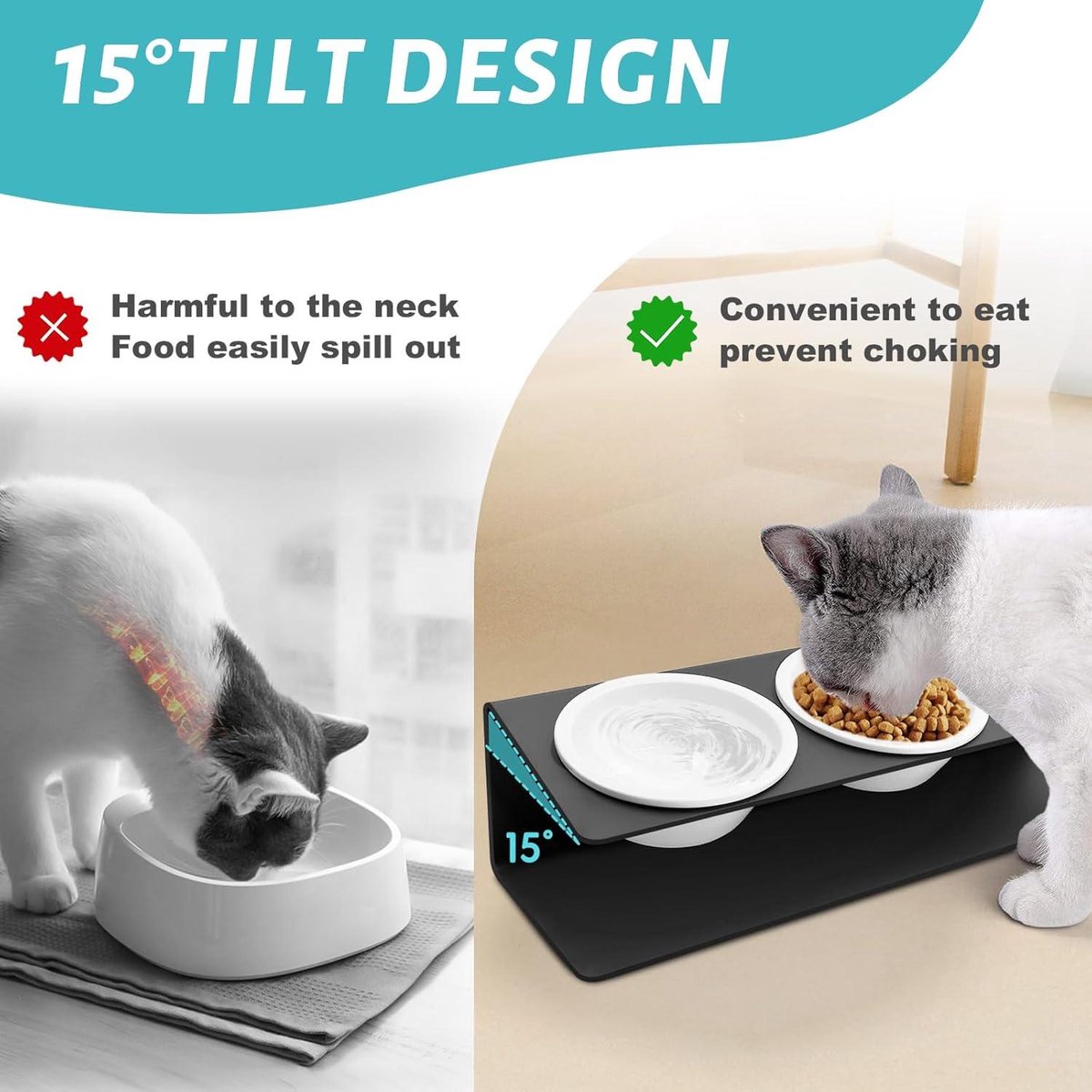 Sporgo Verhoogde Kattenbak – 15° Hellend – Keramiek & IJzer – 2 Kommetjes – Geschikt Voor Katten & Kleine Honden – Incl. Houder – Goudkleurig