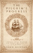 Boek "The Pilgrim's Progress" van John Bunyan met een schip in volle zee, omringd door een krans van bloemen en bladeren.