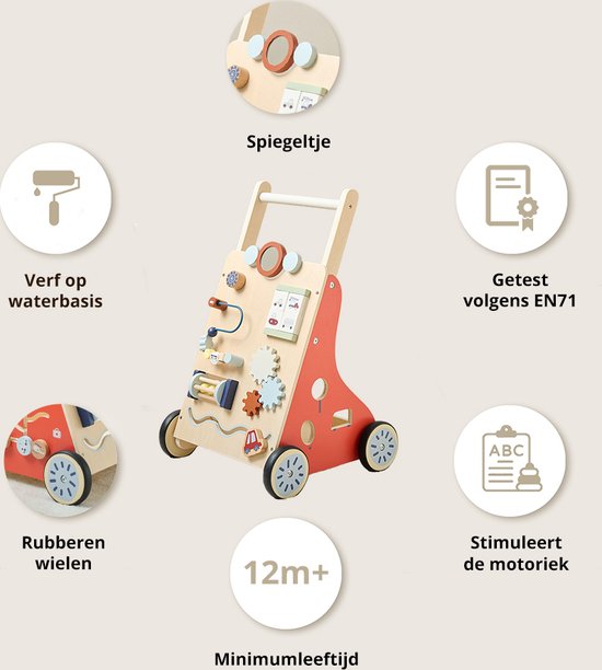 Petite Amélie ® Houten Loopwagen 1 jaar - Babywalker als Looptrainer - Stimuleert Motoriek & eerste Stapjes - Eindeloos Speelplezier