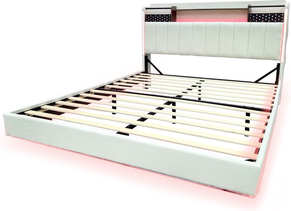 Merax Polsterbett 140*200 mit LED-Beleuchtung und USB-Steckdose, Kopfteil mit Stauraum, Schwebebett Jugendbett Erwachsenenbett, Leinenstoff, Beige