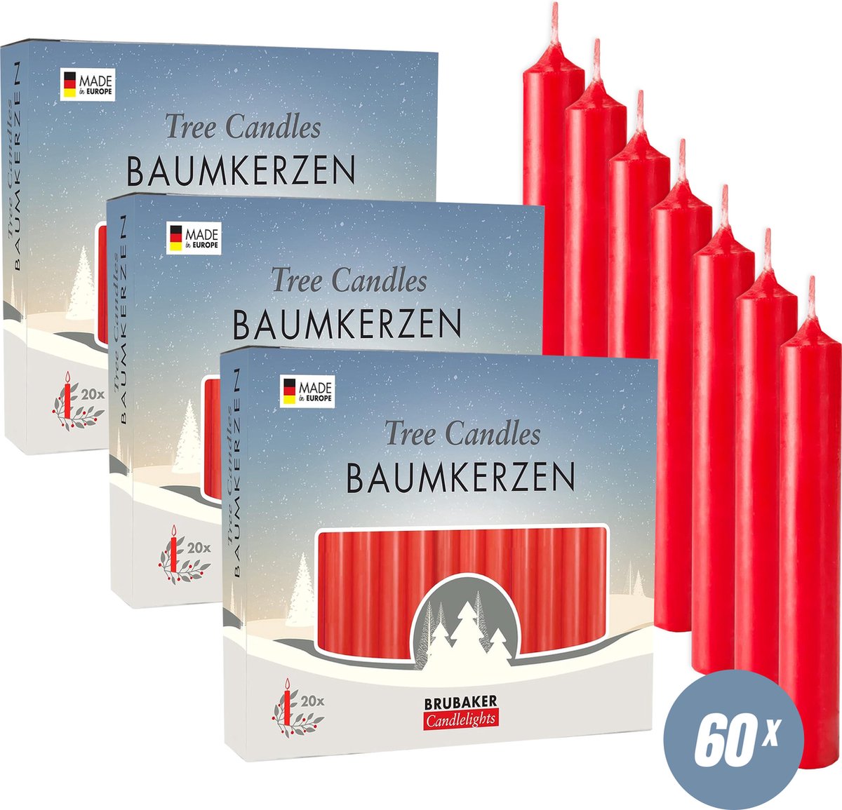 BRUBAKER 60 Stuks Boomkaarsen Was - Rood - Kerstkaarsen - Piramidekaarsen - Kerstboomkaarsen - 95/12.5 mm – Kaarsen - Kaarsjes