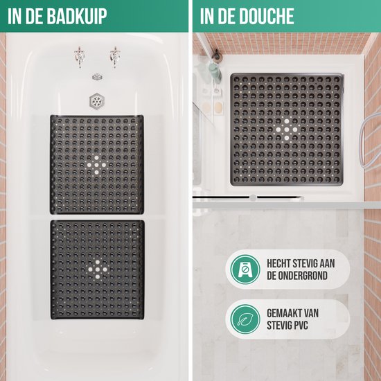 Zwarte antislipmatten in een badkuip en een douche. Hecht stevig, gemaakt van stevig PVC.