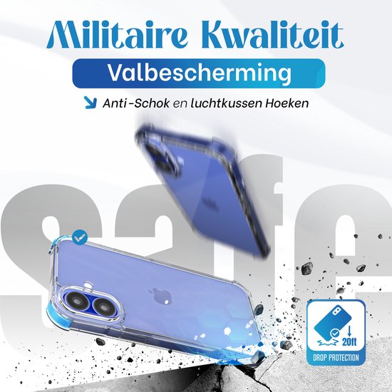 Une coque de téléphone transparente tombe sur une surface en béton, avec un texte indiquant « Qualité militaire ».