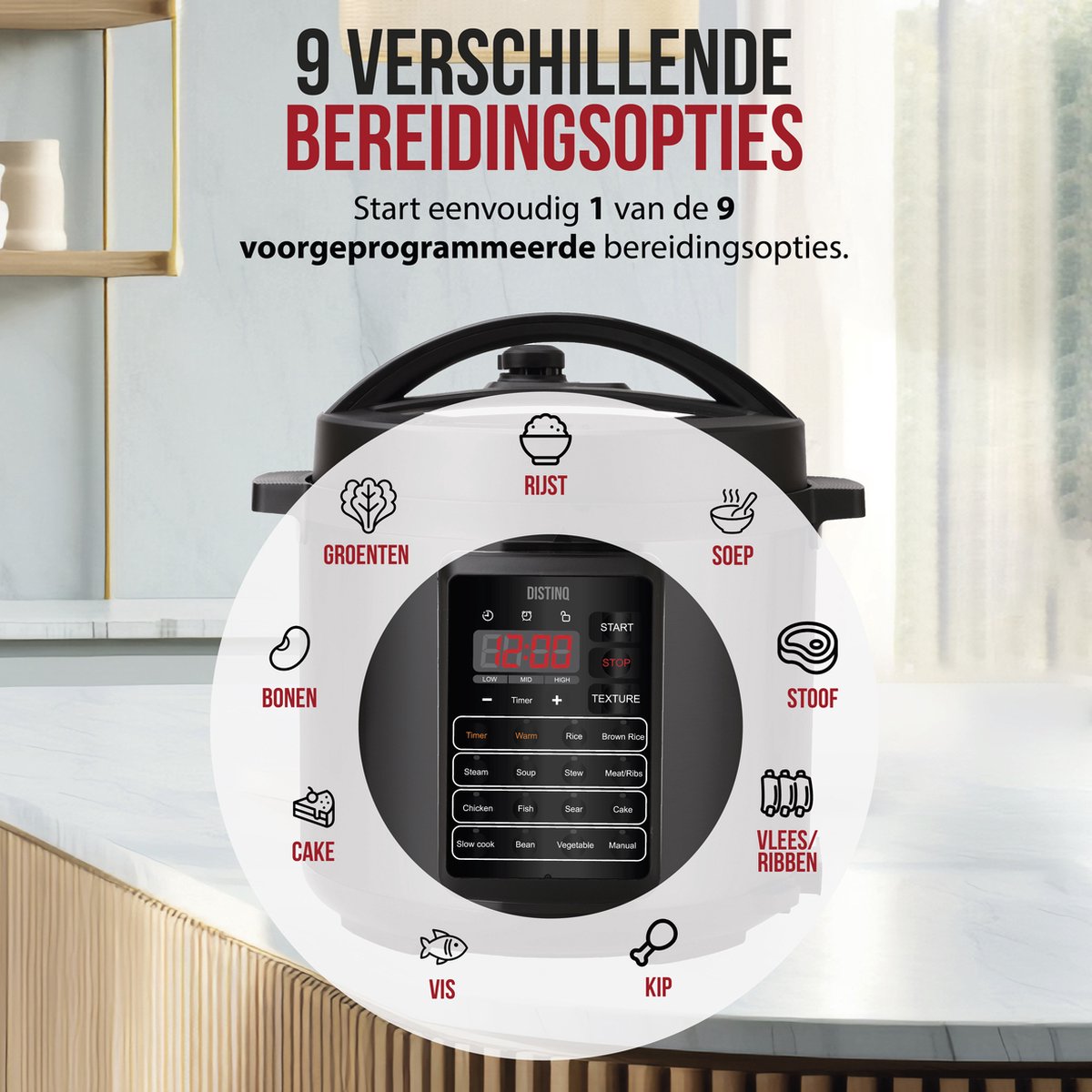 Afbeelding 3 van DistinQ Multicooker 10-in-1 - Snelkookpan - Pressure cooker - Rijstkoker - Slowcooker - Stomer - Sous-vide