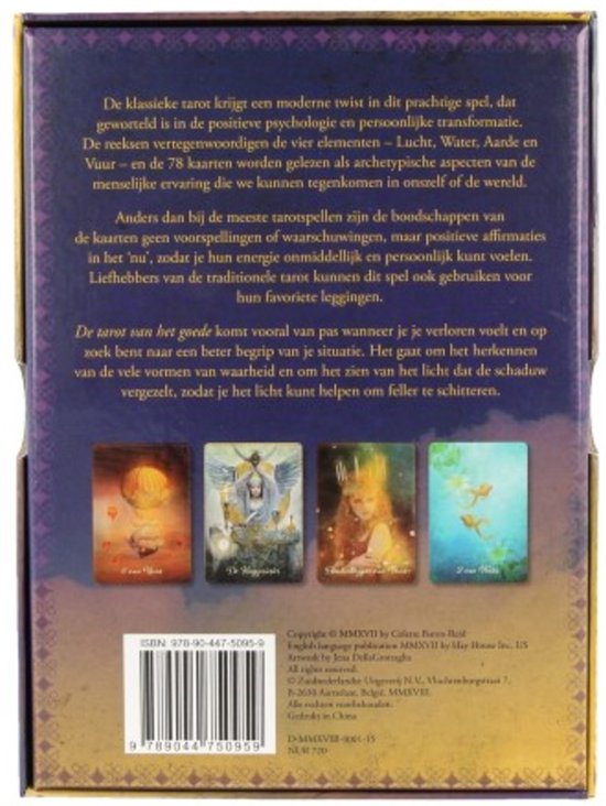 Dos d'une boîte de tarot avec description et quatre cartes de tarot : montgolfière, ange, princesse et poissons.