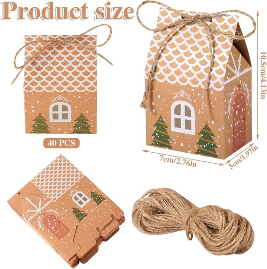 24 stuks kerstfeestgeschenkdozen, kerstcadeauzakjes, huis met henneptouw, kraftpapier snoepdozen, kraftpapieren snoepdozen, wenskaarten voor snoep
