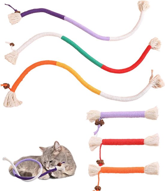 Pak van 6 kattenspeelgoed bijttouw, 70cm/20cm kattenspeelgoed bijtkoord, kattenkruidstokjes, interactief bijtkoord voor katten kauwstokjes, kattenspeelgoed voor tandheelkundige zorgkatten