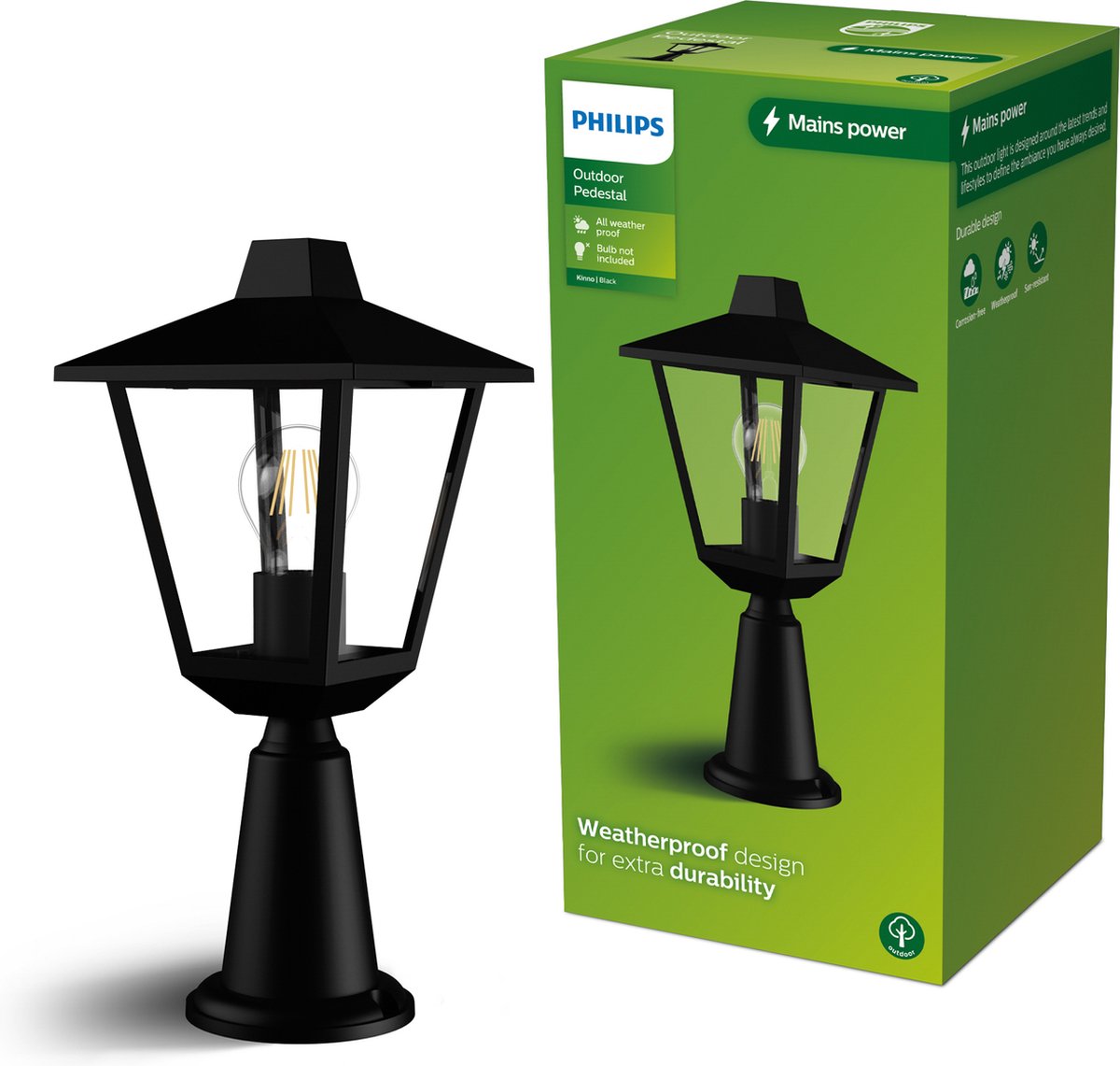 Philips Kinno Sokkellamp - Buitenlamp - Zwart - E27 fitting - Maximaal 25W - Weerbestendig; IP44