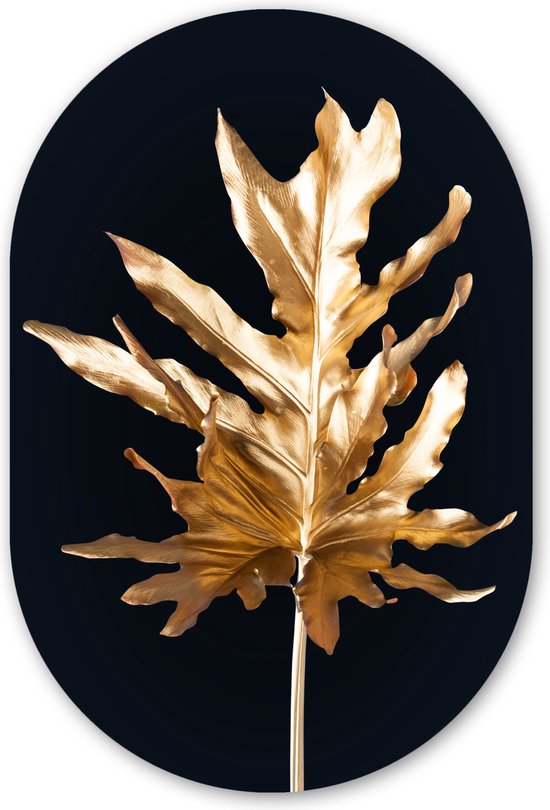 Muurovaal - Kunststof Wanddecoratie - Ovalen Schilderij - Black and Gold - Bladeren - Chic - 80x120 cm - Ovale spiegel vorm op kunststof