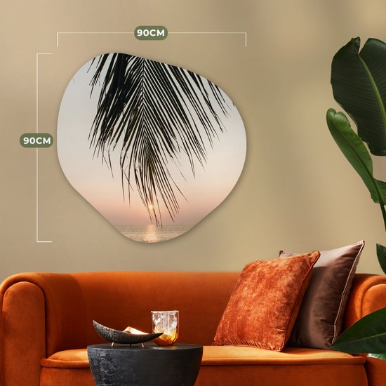 Organische wanddecoratie 90x90 cm - Organisch schilderij Palmblad - Zon - Zomer - Strand - Muurdecoratie woonkamer - Kamer decoratie - Schilderijen - Muurcirkel aesthetic