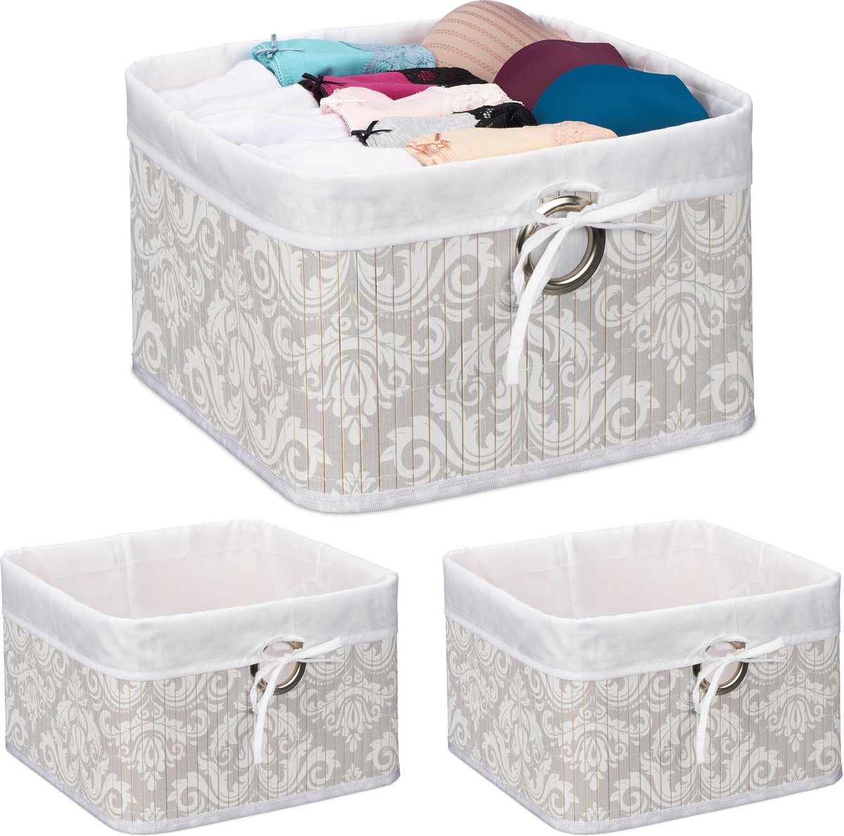 Relaxdays Opbergmand Set Van 3 Bamboe & Stof - Natuur Met Vintage Print