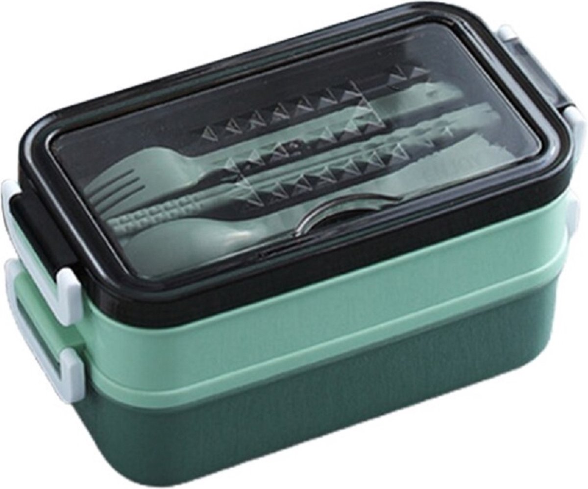 LuxeBass 2-delig Bento Lunchbox Lunchtrommel met Bestek en Soepkom (groen) | Luchtdicht Lekvrij | Magnetron- en Vaatwasserbestendig - LB598