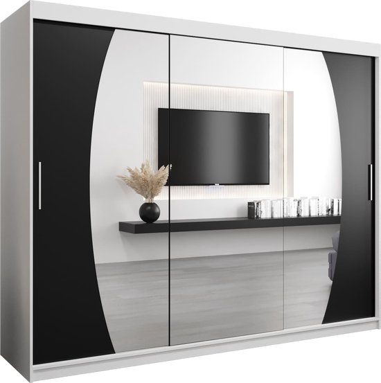 InspireMe - Kledingkast met 3 schuifdeuren, Modern-stijl, Een kledingkast met planken en een spiegel (BxHxD): 250x200x62 - GLOBE 250 Wit Mat + Zwart