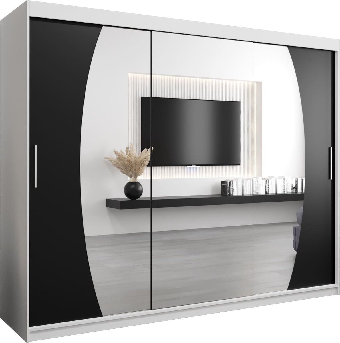 InspireME Kledingkast met 3 schuifdeuren, Modern-stijl, Een kledingkast met planken en een spiegel (BxHxD): 250x200x62 - GLOBE 250 Wit Mat + Zwart mat 4 lades