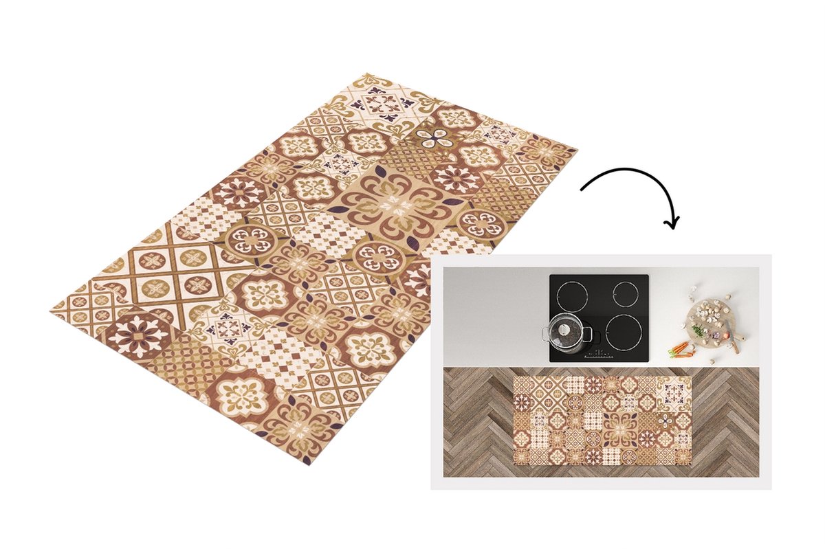 KitchenYeah Keukenloper - Loper keuken - Bloemen - Figuren - Vintage - Bruin - Design - 120x60 cm - Keukenloper vinyl Multicolor