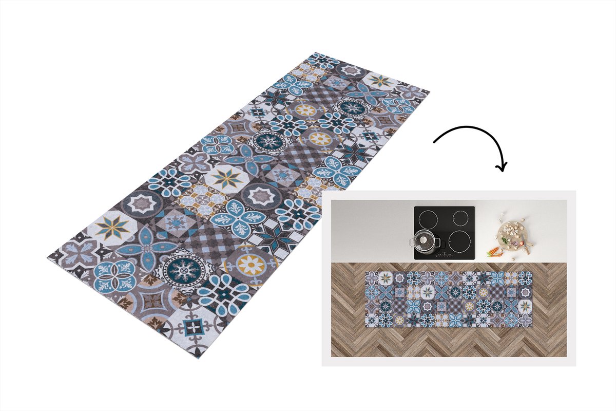 KitchenYeah Keukenloper - Loper keuken - Bloemen - Patronen - Blauw - Bruin - 150x50 cm - Keukenloper vinyl Multicolor