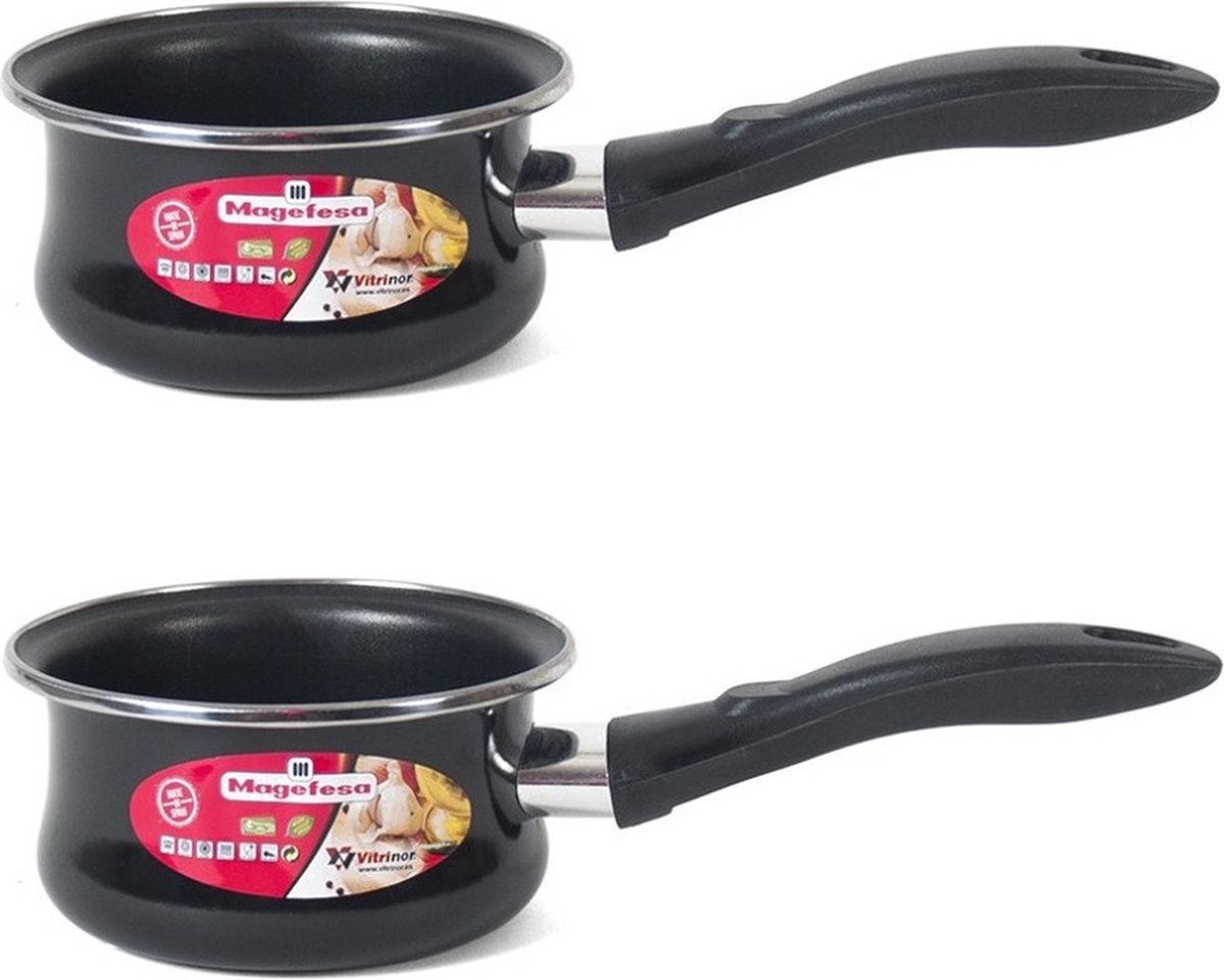 Set van 2x stuks steelpan/sauspan zwart anti aanbaklaag 16 cm - 2 liter - Voor o.a. saus en jus - Steelpannetjes
