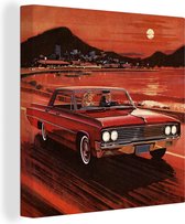 Canvas Schilderij Illustratie van een stel in een rijdende rode vintage auto - 90x90 cm - Wanddecoratie